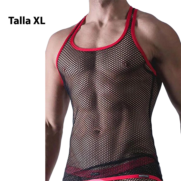 Camiseta Lencería Masculina Top Bicolor Malla Rojo