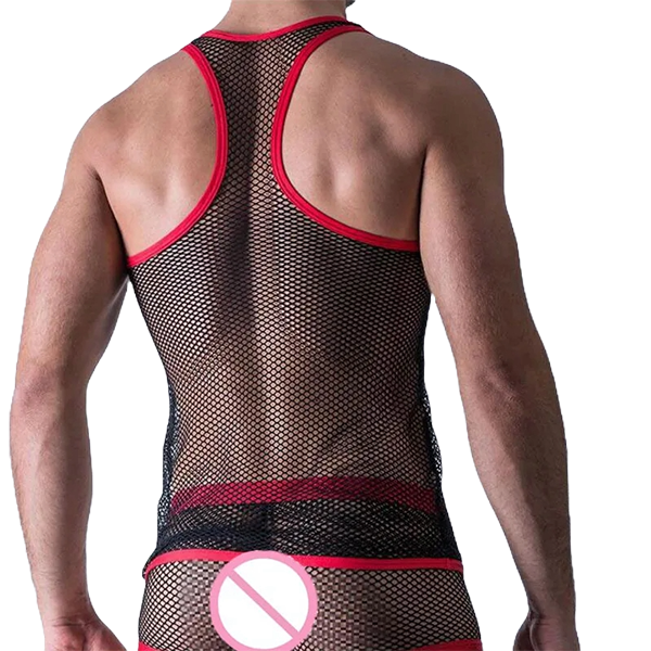 Camiseta Lencería Masculina Top Bicolor Malla Rojo