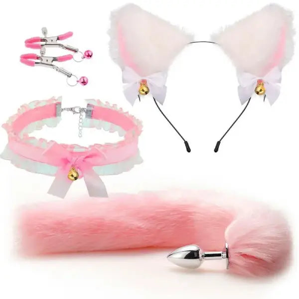 Set De 4 piezas Bdsm Pezoneras, Plug Anal, Cola De Zorro, Orejas