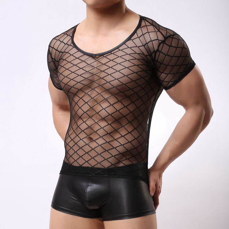 Camiseta Lencería Masculina Top Malla para Hombre Negro M/L