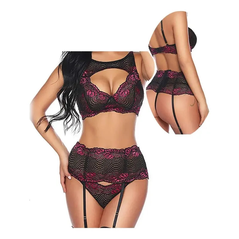 Set Sexy Lencería Erótica Conjunto Encaje Crop Top Liguero