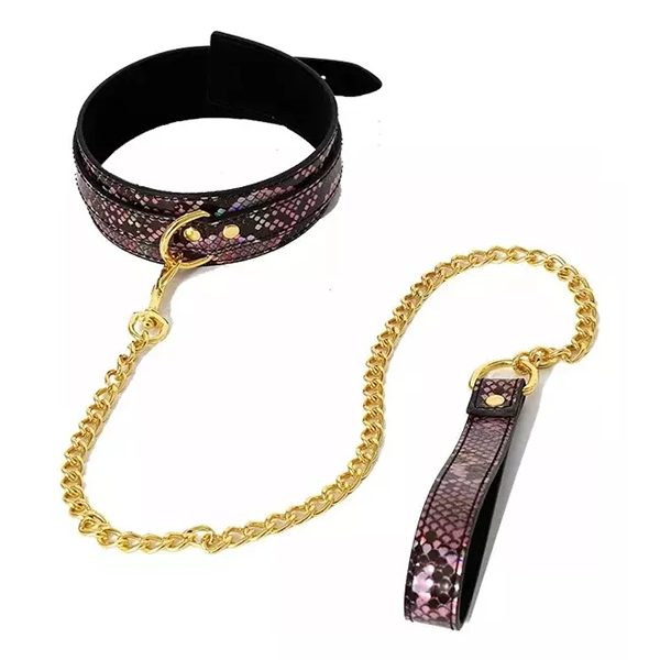 Collar Con Cadena Correa Bdsm Oro Negro