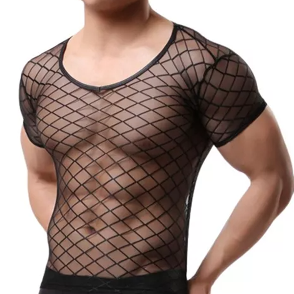 Camiseta Lencería Masculina Top Malla para Hombre Negro M/L