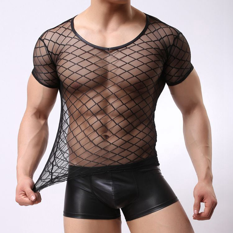 Camiseta Lencería Masculina Top Malla para Hombre Negro M/L
